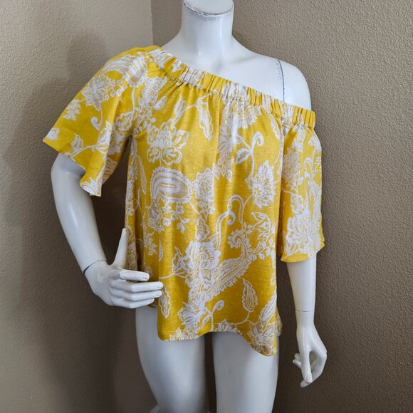CHICO'S NWT Linen Paisley Off Shoulder Short Sleeve Knit Yellow Top~Size S - Picture 4 of 8